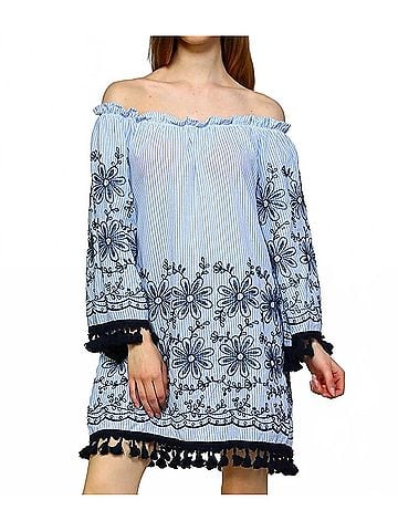 Velzera Embroidered Off The Shoulder Tassel Mini Dress in Blue (view 2)