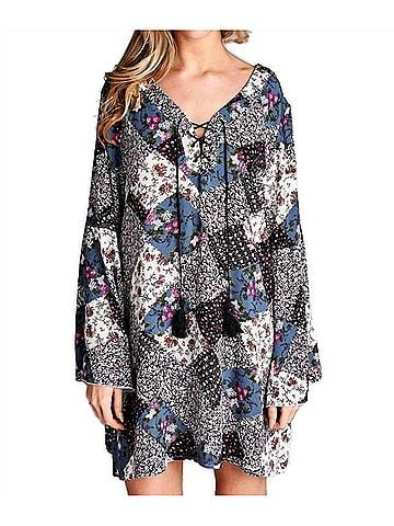 Velzera Floral Patchwork Print Mini Dress in Grey (view 2)