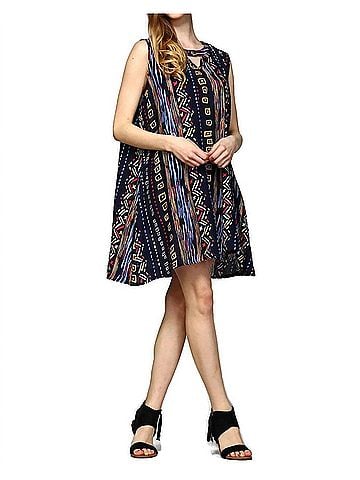 Velzera Tribal Sleeveless Keyhole Mini Dress in Blue (view 2)