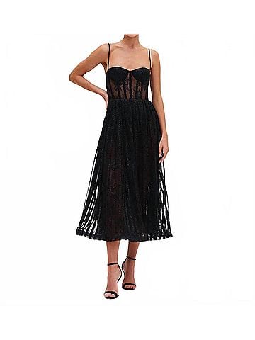 PatBO Lurex Tulle Bustier Midi Dress in Black (view 2)