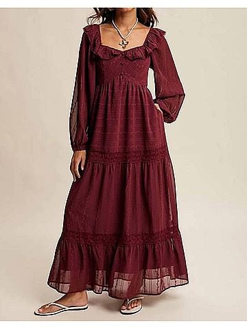 Listicle Ruffle Trim Tiered Maxi Dress in Wine (view 2)