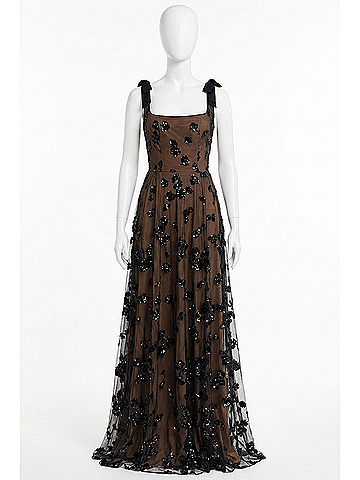 Dress the Population Sequin Floral Illusion Tulle Gown in Black (view 1)