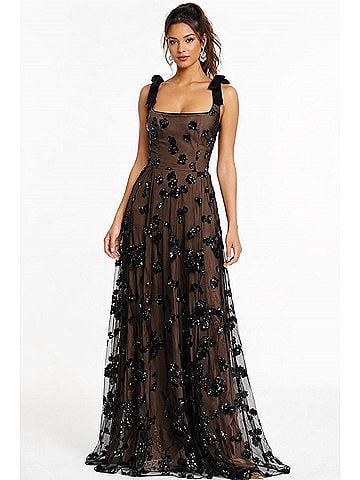 Dress the Population Sequin Floral Illusion Tulle Gown in Black (view 2)