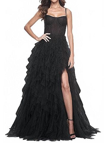 La Femme Tulle Ruffle Ball Gown in Black (view 2)