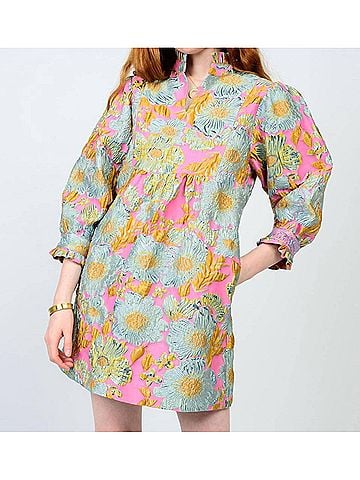 Ivy Jane Brocade Ruffle Trim Dress in Pink (view 2)