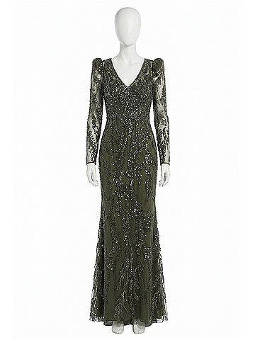 Mac Duggal Beaded V Neck Gown in Olive Green (view 1)