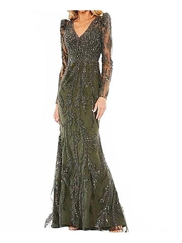 Mac Duggal Beaded V Neck Gown in Olive Green (view 2)
