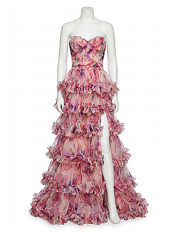 La Femme Strapless Ruffle Tulle Ballgown in Pink Multi (view 1)