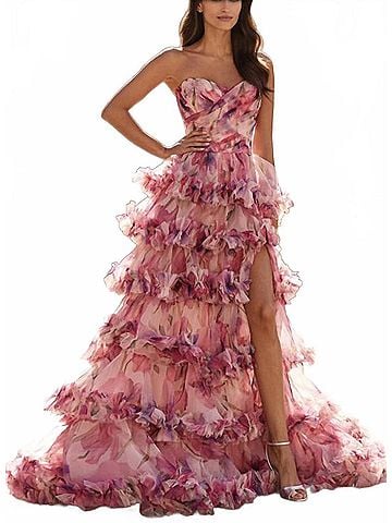 La Femme Strapless Ruffle Tulle Ballgown in Pink Multi (view 2)