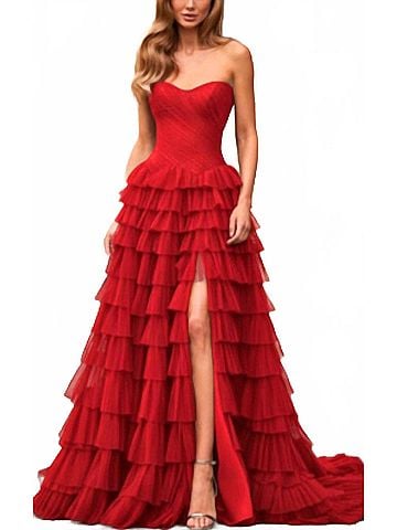 La Femme Corset Tulle Ball Gown in Red (view 2)