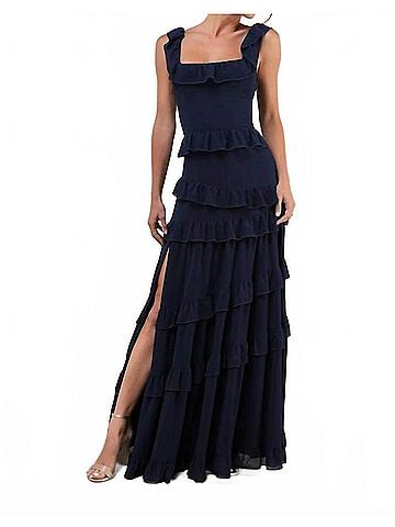 Lulus Compelling Romantic Ruffled Tiered Maxi Dress in Dark Blue (view 2)