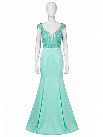 Angela & Alison Satin Beaded Gown in Aqua (view 1)