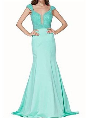 Angela & Alison Satin Beaded Gown in Aqua (view 2)