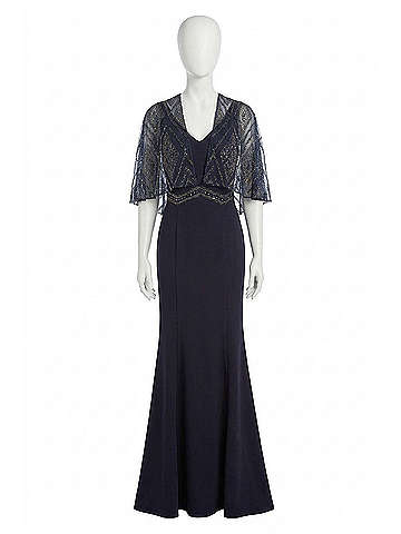 Montage by Mon Cheri Sleeveless Crepe Fit And Flare Gown With Cape in Navy (view 1)