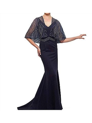 Montage by Mon Cheri Sleeveless Crepe Fit And Flare Gown With Cape in Navy (view 2)
