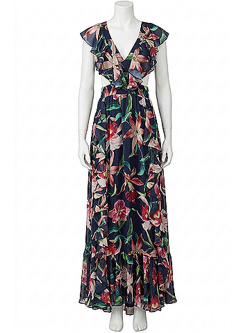 PatBO Floral Print Laelia Ruffle Gown in Navy Blue (view 1)