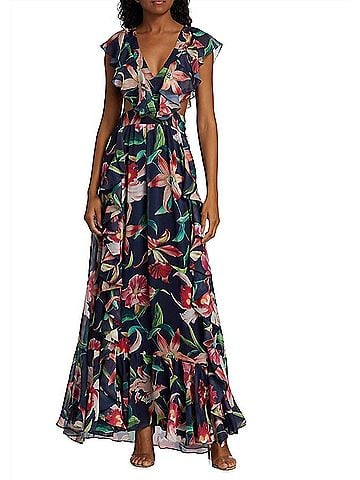 PatBO Floral Print Laelia Ruffle Gown in Navy Blue (view 2)