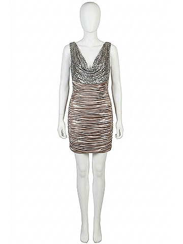 Terani Couture Satin Ruched Cocktail Dress in Taupe/Silver (view 1)