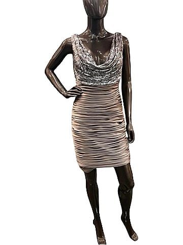 Terani Couture Satin Ruched Cocktail Dress in Taupe/Silver (view 2)