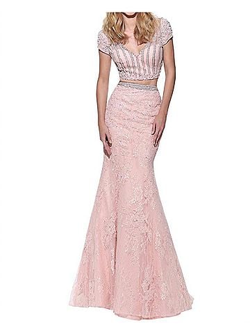 Sherri Hill Lace Mermaid Prom Dress in Blush (view 2)