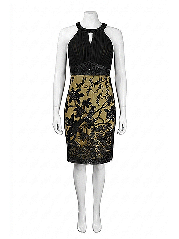Sue Wong Keyhole Appliqu?© Mesh Sheath Dress in Black Gold (view 1)