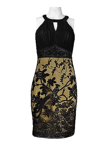 Sue Wong Keyhole Appliqu?© Mesh Sheath Dress in Black Gold (view 2)