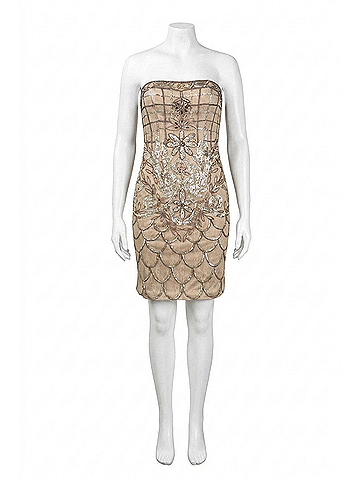 Sue Wong Strapless Sequined Scalloped Sheath Dress in Beige (view 1)