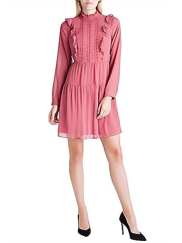 Kensie Crinkle Chiffon Long Sleeve Ruffle Front Mock Neck Dress in Pink (view 2)