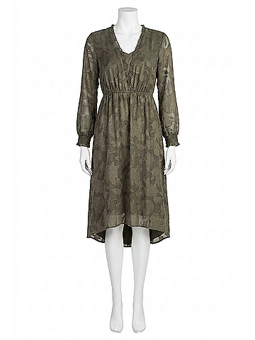 Kensie Smocked Delicate Burn Out Long Sleeve Midi Dress in Brown (view 1)