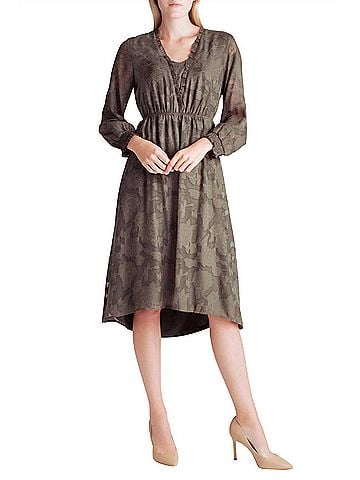 Kensie Smocked Delicate Burn Out Long Sleeve Midi Dress in Brown (view 2)