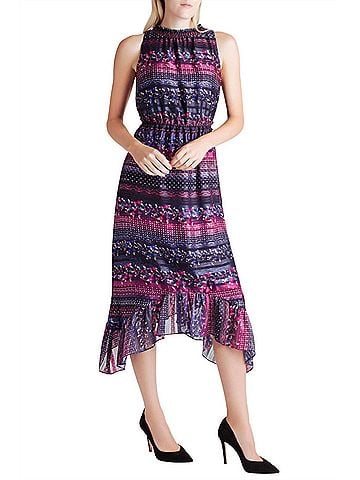 Kensie Satin Stripe Ruffle Hem Sleeveless Midi Dress in Navy (view 2)