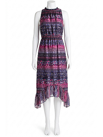 Kensie Satin Stripe Ruffle Hem Sleeveless Midi Dress in Navy (view 1)