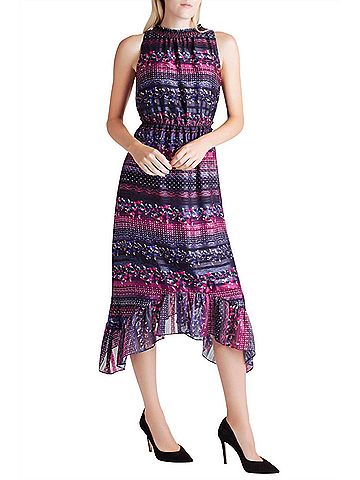 Kensie Satin Stripe Ruffle Hem Sleeveless Midi Dress in Navy (view 2)