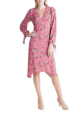 Kensie Long Sleeve V-Neck Dress in Pink (view 2)