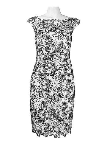 Monique Lhuillier Women's Cap Sleeve Embroidered Dress in White/Black (view 2)