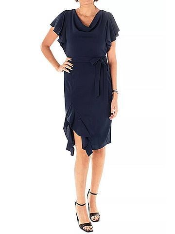 Maison Tara Belted Short Sleeve Knee Length Dress in Navy (view 2)