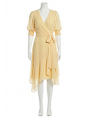 Maison Tara Short Puff Sleeve Wrap Midi Dress in Sunflower (view 1)