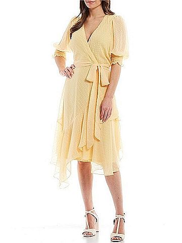 Maison Tara Short Puff Sleeve Wrap Midi Dress in Sunflower (view 2)