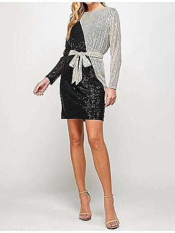 See and Be Seen Sequin Color Blocked Long Sleeve Dress With Sash in Black And Silver (view 2)