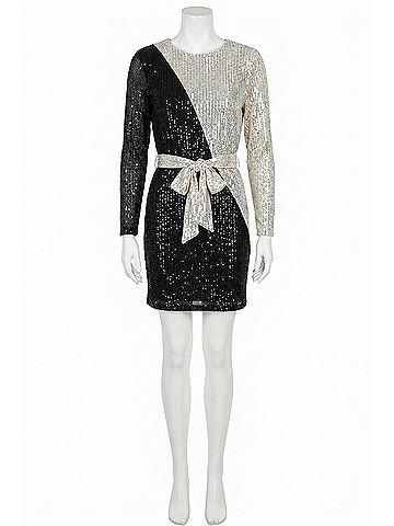 See and Be Seen Sequin Color Blocked Long Sleeve Dress With Sash in Black And Silver (view 1)