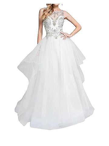 Terani Couture Beaded Sheer Illusion Prom Dress in Ivory (view 2)