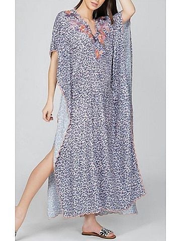 America & Beyond Night Sky Animal Print Kaftan in Blue/White/Coral (view 2)