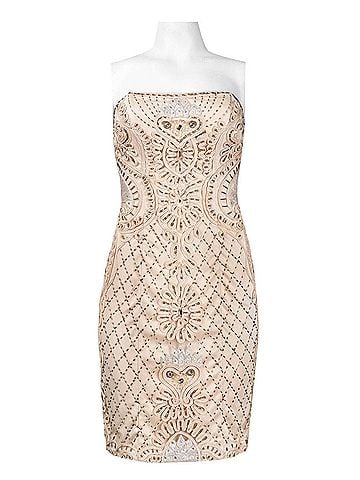Sue Wong Strapless Beaded Ribbon Swirl Mesh Dress in Champagne (view 2)