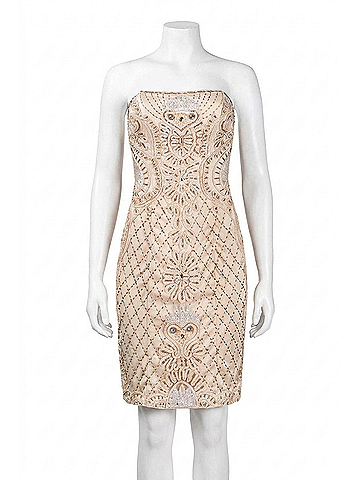 Sue Wong Strapless Beaded Ribbon Swirl Mesh Dress in Champagne (view 1)