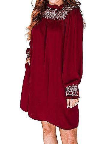 Layers Clothing Women's Embroidered Smocked Dress in Red (view 2)