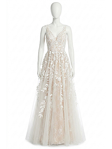 Sherri Hill Leaf Lace Appliqu?© A-Line Ballgown in Ivory Nude (view 1)