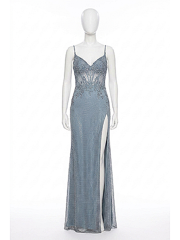 La Femme Stunning Rhinestone Fishnet Prom Dress in Slate (view 1)