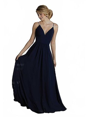 MoriLee by Madeline Gardner Full Length Vneck Chiffon Bridesmaids Dress in Marine (view 2)
