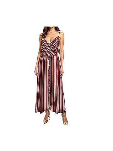 Aqua Resort Sleeveless Wrap V-Neck Maxi Dress in Wine Stripe (view 2)
