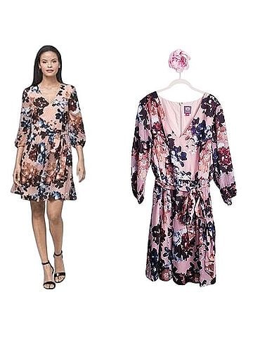 Vince Camuto Pink Floral Applique Long Sheer Sleeve Mini Wrap Dress Casual Dress (view 1)